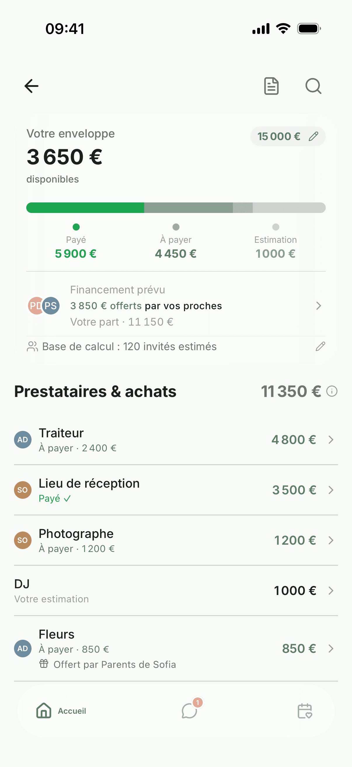Le budget du mariage dans l’application