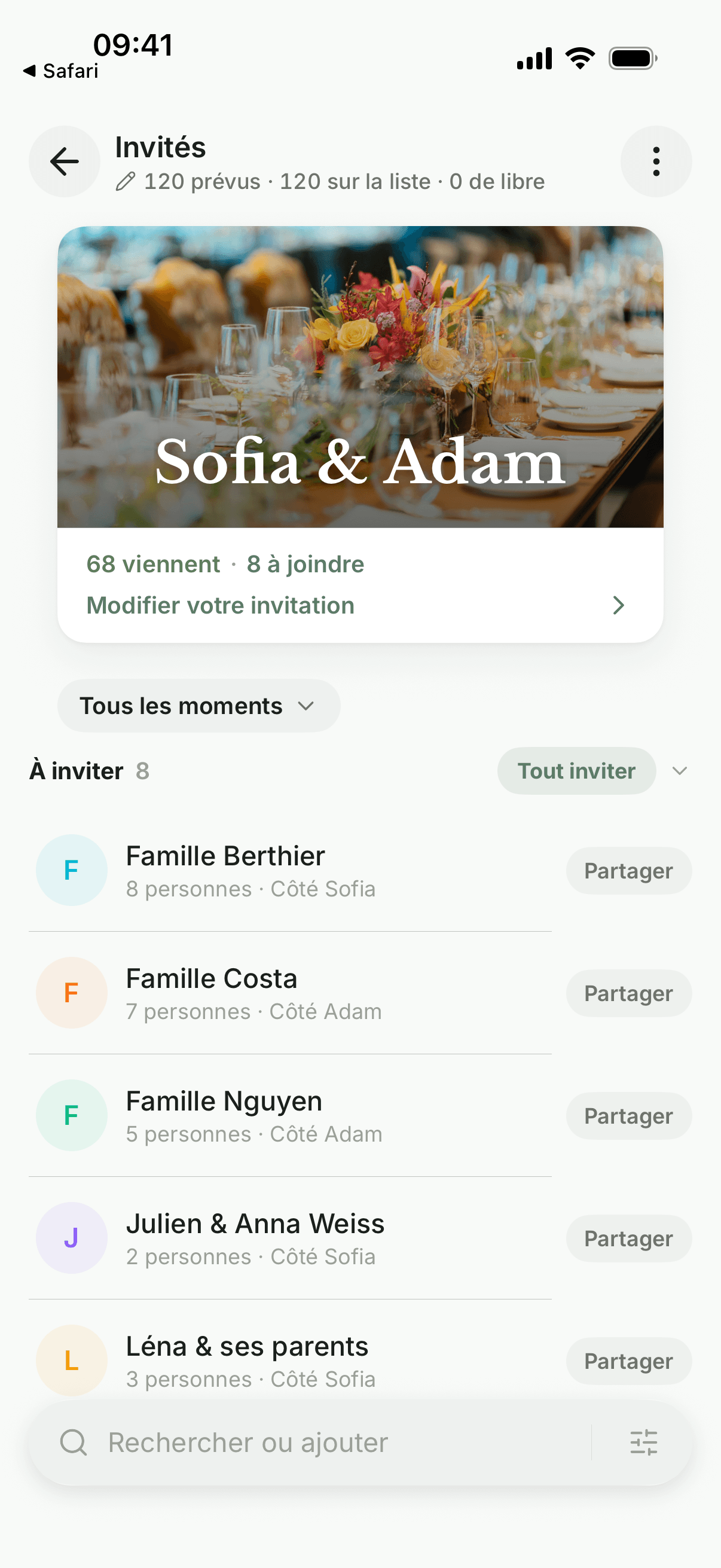 La liste des invités et leurs réponses dans l'application