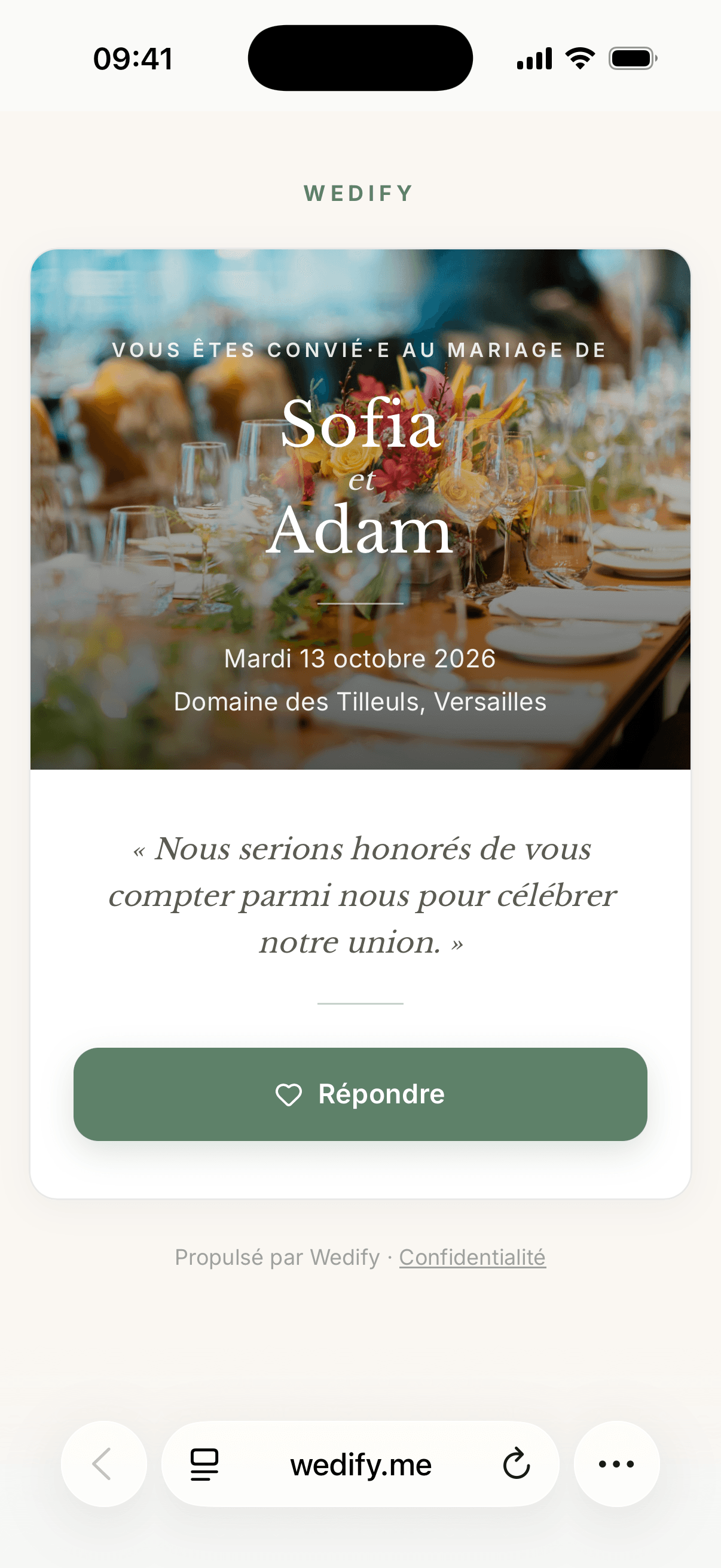 Le faire-part reçu par un invité, avec le bouton pour répondre